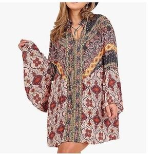 Umgee‎ 1XL Boho Patchwork Bell Sleeve Tunic Top Floral Romantic Flair Dressy